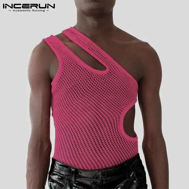 

American Style Men Sloping Shoulder Waistcoat Male Sexy Leisure Breathable Mesh Hollow Leaky Waist Vests S-5XL INCERUN Tops 2023