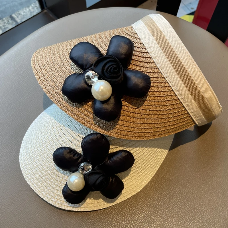 

Summer Empty Top Suncap Women Black Flower Magic Tape Roll-up Beach Hat Wide Brim Sun Hat Fashion Casual Straw Cap Visors