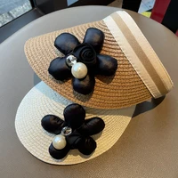 summer empty top suncap women black flower magic tape roll up beach hat wide brim sun hat fashion casual straw cap visors