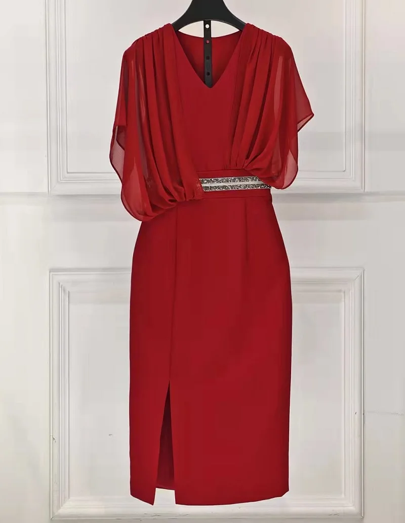 

Женское платье-карандаш средней длины, черное, винно-Красное Облегающее Платье с V-образным вырезом, рукавами «летучая мышь», украшенное бусинами, весна-лето 2022