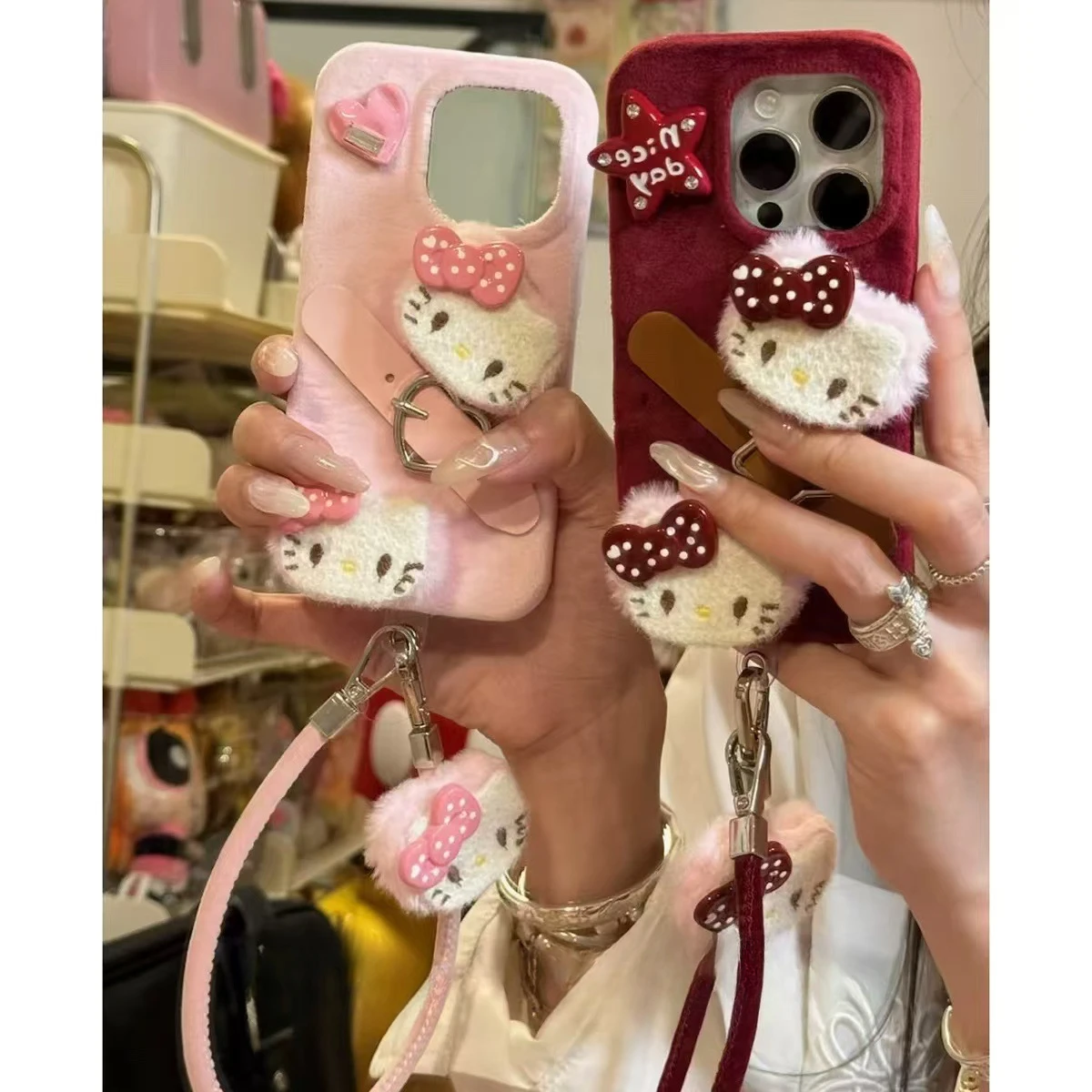 Autumn and Winter Plush 3D Doll Bow Hello Kitty Sanrio Phone Soft Case for IPhone 13 14 15 16 Pro Max Shockproof IMD Cover