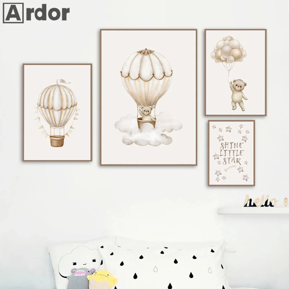 

Hot Air Balloon Bear Cartoon Poster Stars Quotes Canvas Painting Nursery Art Prints Nordic Wall Pictures Kids Room Decoration