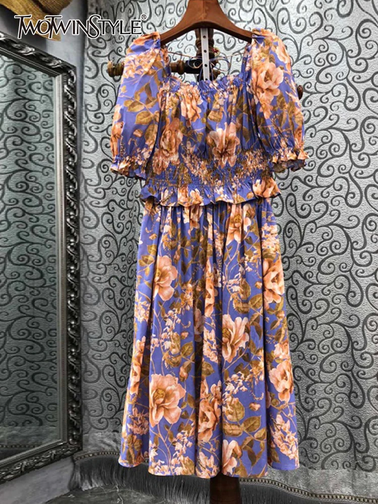 

TWOTWINSTYLE Set Woman 2 Pieces Slash Neck Short Sleeve Shirt High Waist A Line Mini Skirts Print Sets Female Summer Clothes New