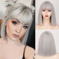 short synthetic silver gray bob with bangs short straight bob wigs for women cosplay daily party red blackpink wig
