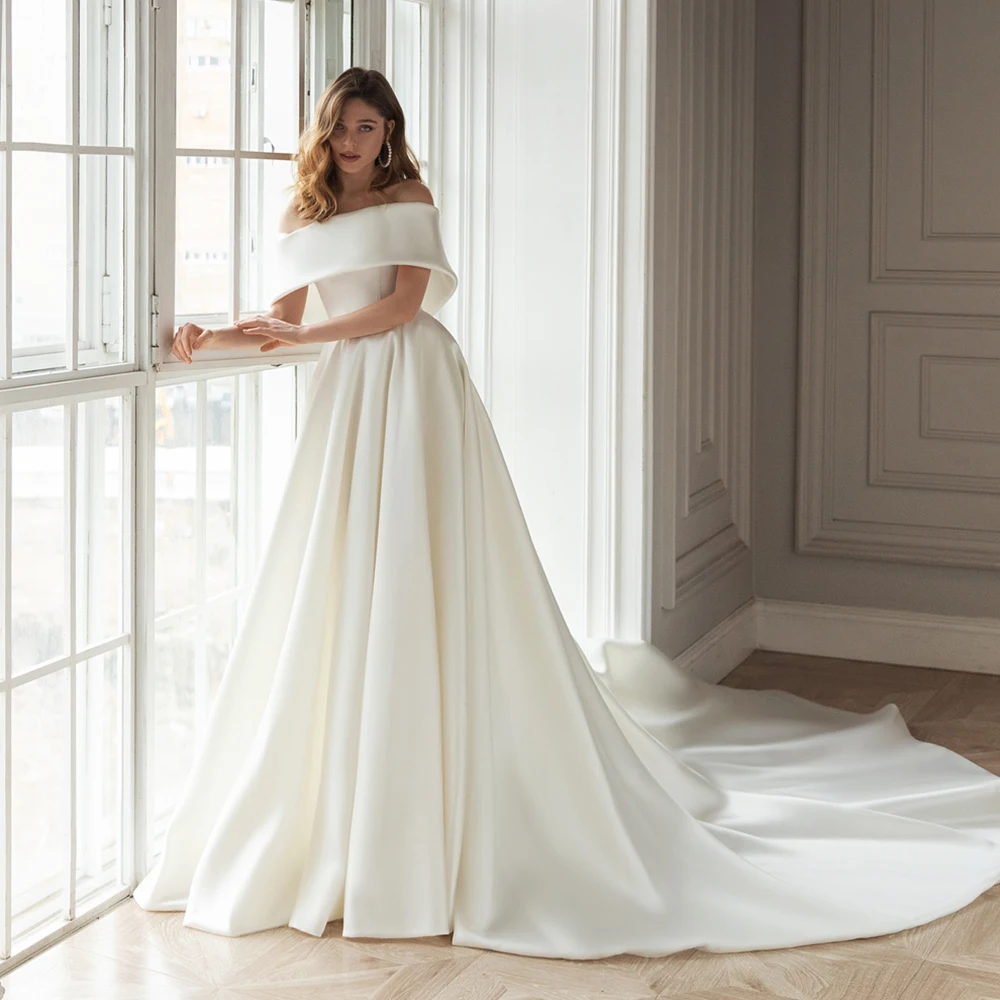 

Vestidos De Novia A-Line Wedding Dress Off the Shoulder Simple Robe De Mariage Boat Neck Satin Trouwjurk Bride Dresses Gelinlik