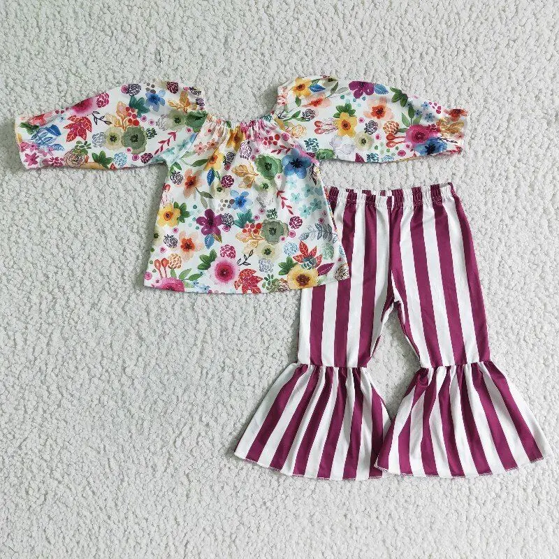 

autumn baby girl outfit 100% cotton floral long sleeve top and red stripes pant kids children clothing