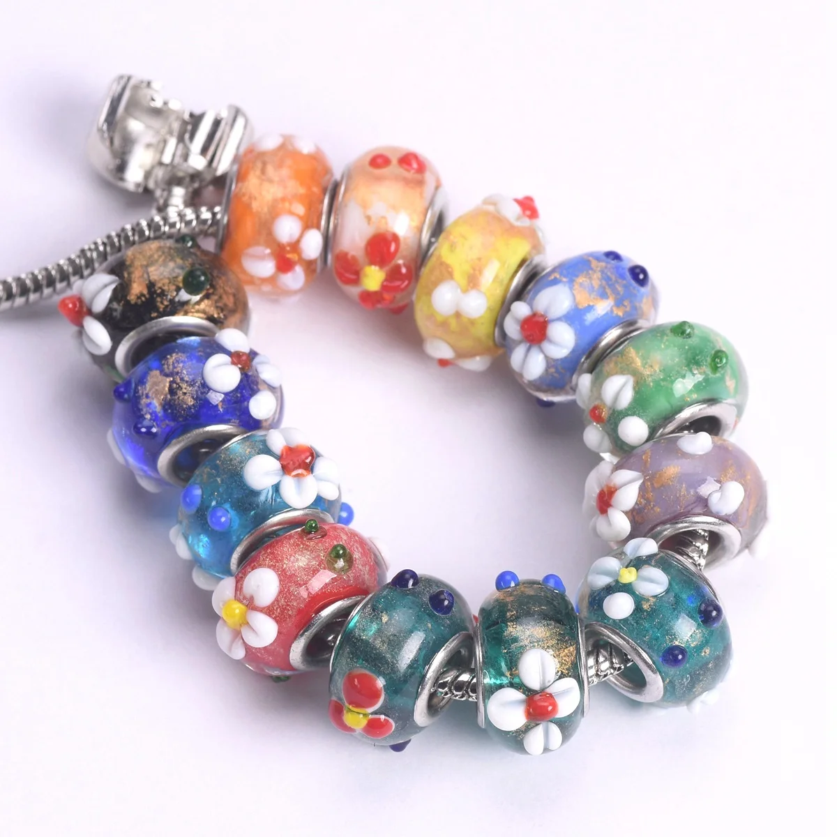 5pcs 15mm Handmade Flower Rondelle European Charms Murano Lampwork Glass Big Hole Beads For Jewelry Making DIY Bracelet Findings