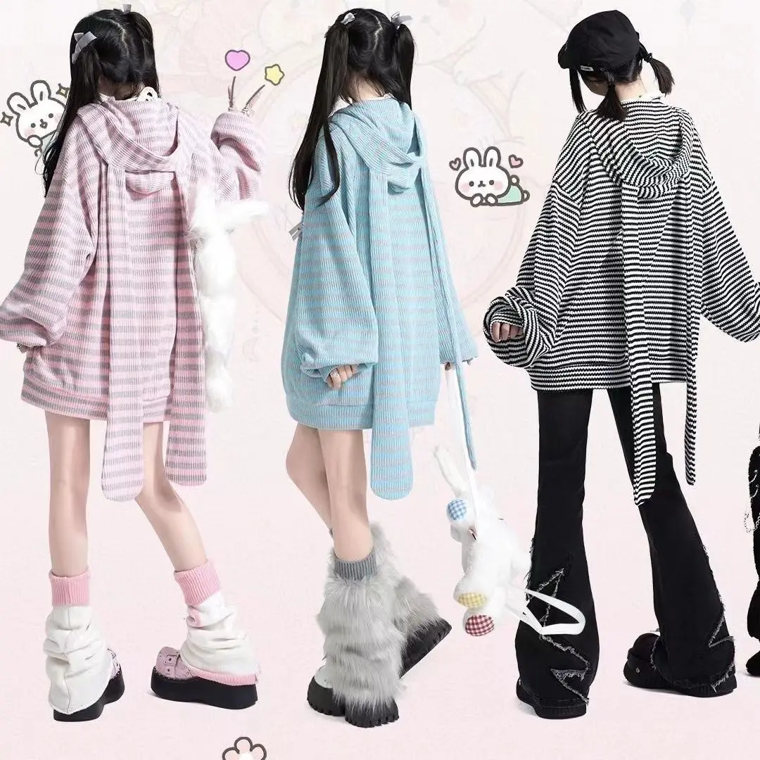 Autumn Y2g Cute Loose Casual Yabi Culture Stripe Rabbit Eared Knitted Hooded cardigan Outerwear Top Women