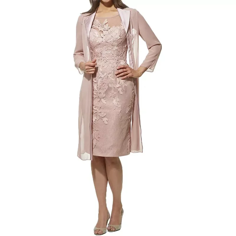 

Chiffon Mesh Slim Formal Dress Jacket sets Mother of The Dresses Plus Size Tea Length 2Pieces with Jacket Elegant Mother Dress