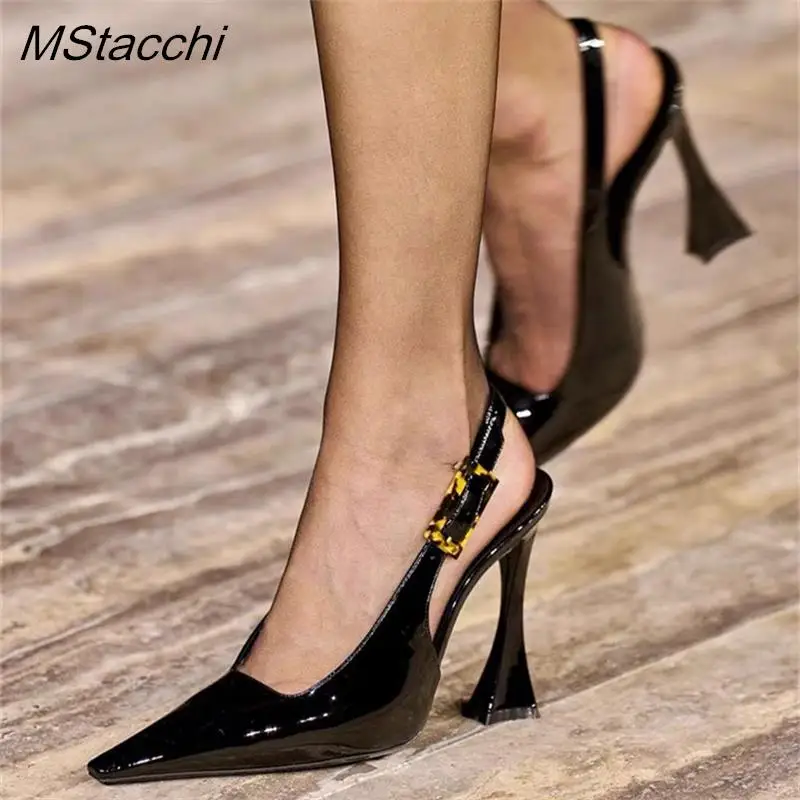 

2024 New Catwalk Sandals Women Stiletto Sexy Pointed Toe Pumps Patent Leather Slingback Runway High Heels Dance Shoes For Women