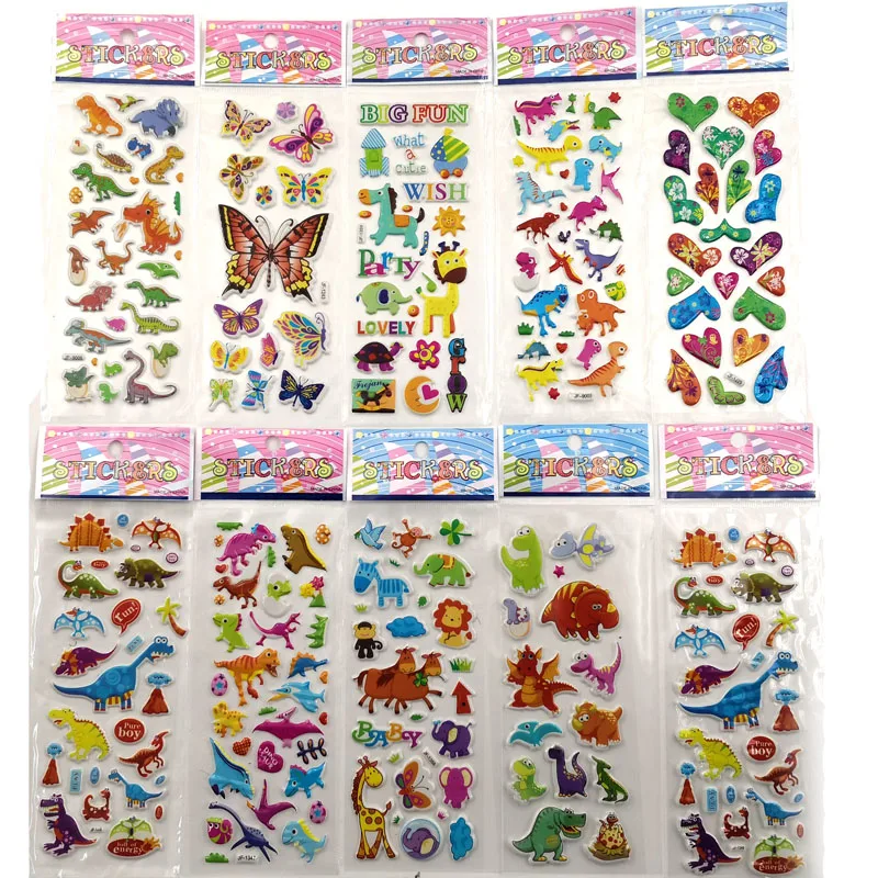 10 Sheets 3D Cartoon Toy Stickers For Kids Scrapbooking Phone Laptop Decoration Dinosaur Butterfly Series Stationery Stickers