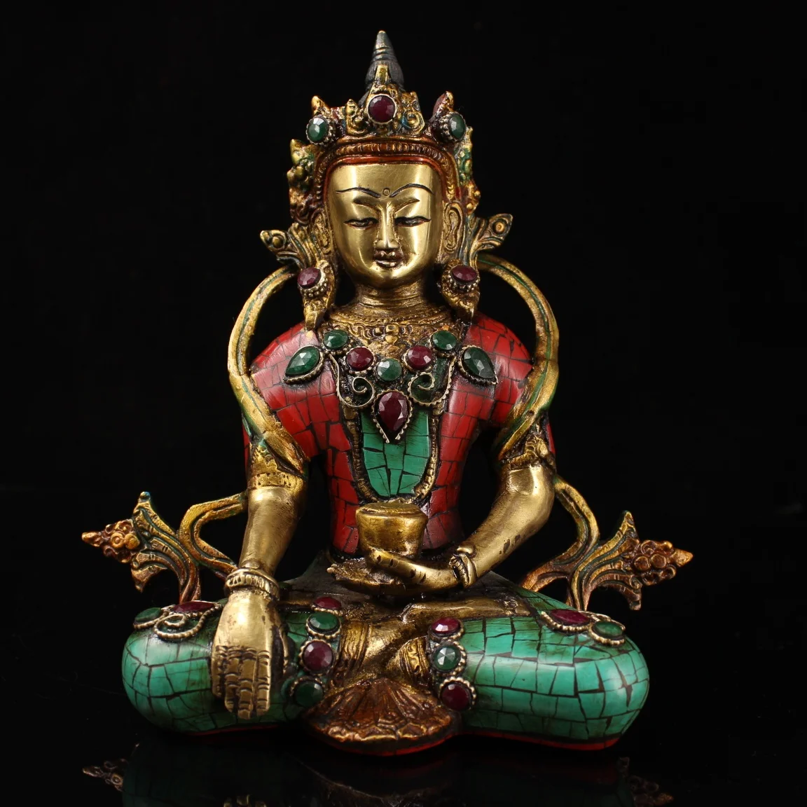 

8"Tibetan Temple Collection Old Bronze Outline in gold mosaic Gem Turquoise Sakyamuni Buddha Amitabha Worship Hall Town House