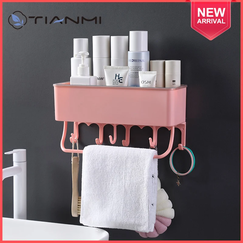 

TIANMI Bathroom Floating Storage Shelves With Hook Punch-Free Firm Shower Kitchen Wall Storage Organizer Rack Towel Holder Rack