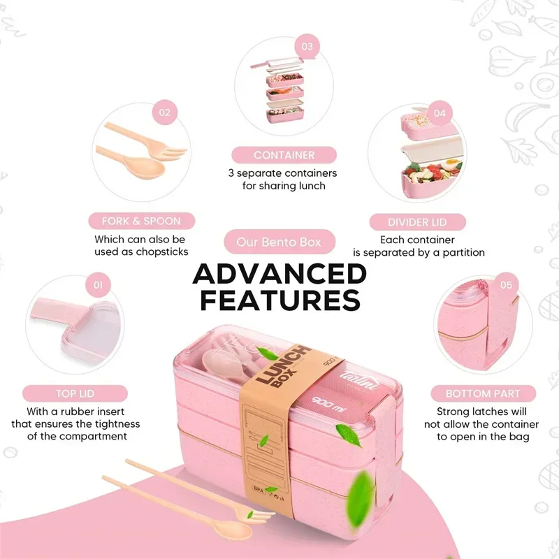 Экологичная коробка для бенто из пшеничного волокна Портативный ланч-бокс 3-в-1 с