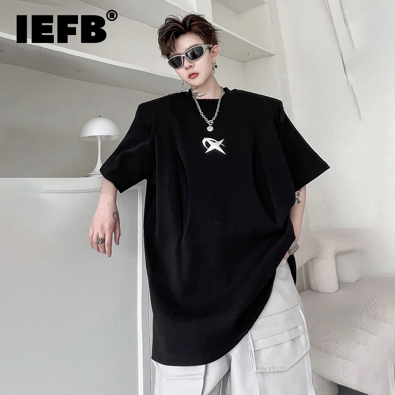 

Футболка IEFB мужская свободного покроя, модная однотонная Повседневная рубашка с геометрическим узором, топ с круглым вырезом и коротким рукавом, 9A8262