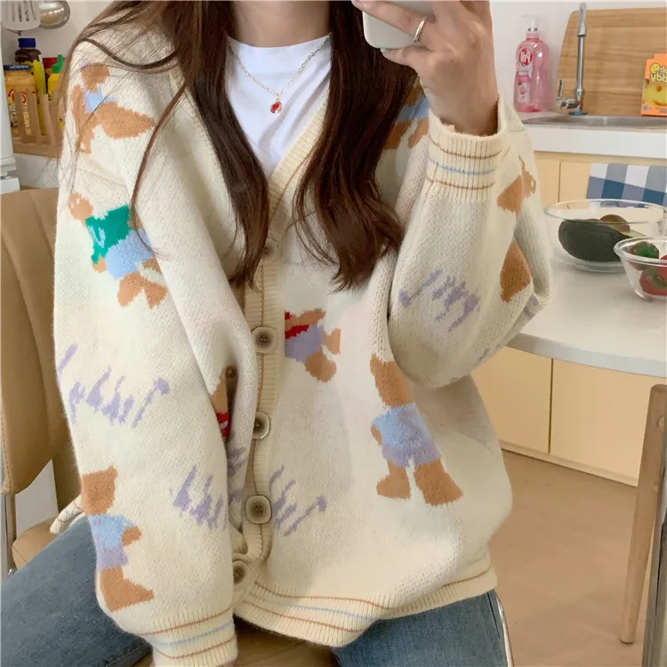 

2021 Women Cartoon Bear Cardigan Jacquard Sweater Autumn Winter Korean V-Neck Outwear Preppy Female Cardigans Oversized Jumpers