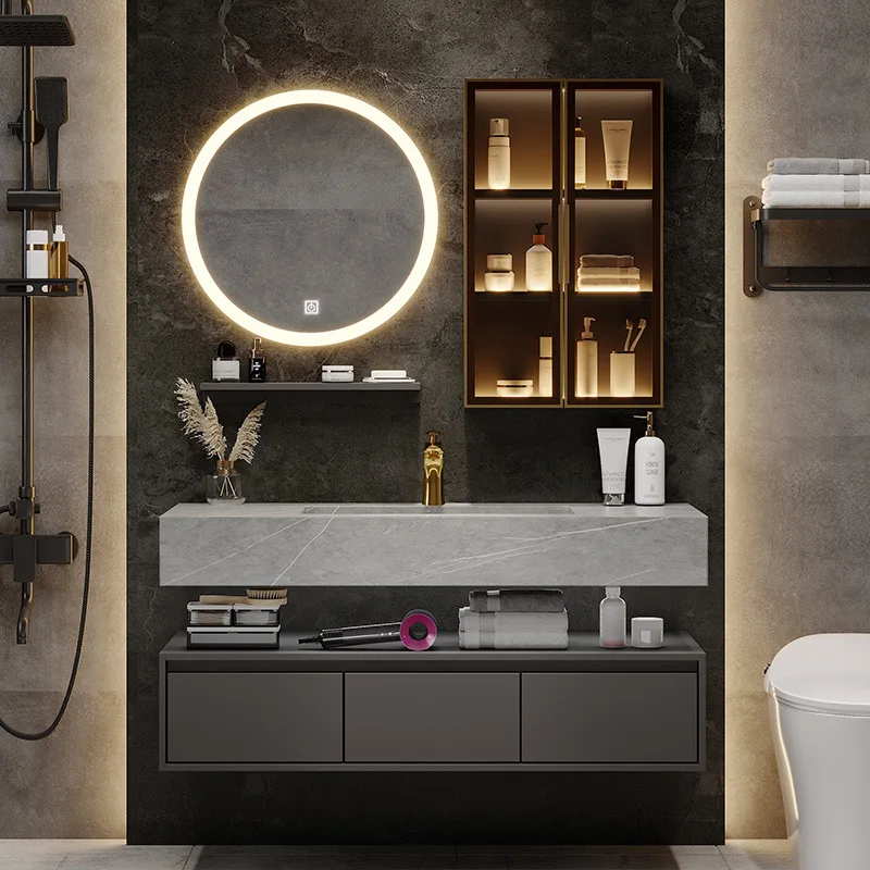 

New Bathroom Cabinet Combination Hotel Wash Basin Cabinet Rock Plate One with Sink Basin Smart Mirror Bathroom Sanitary Ware