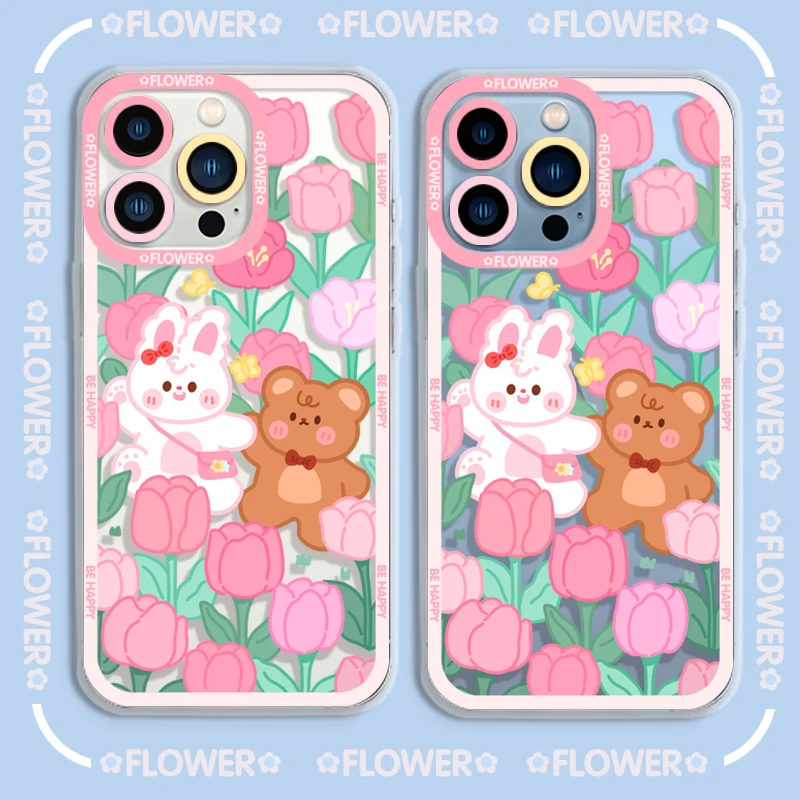 

tulip bunny cartoon bear phone case For iPhone 13 12 mini 11 pro xs max X XR 6 7 8 plus Angel Eye Silicone Transparent