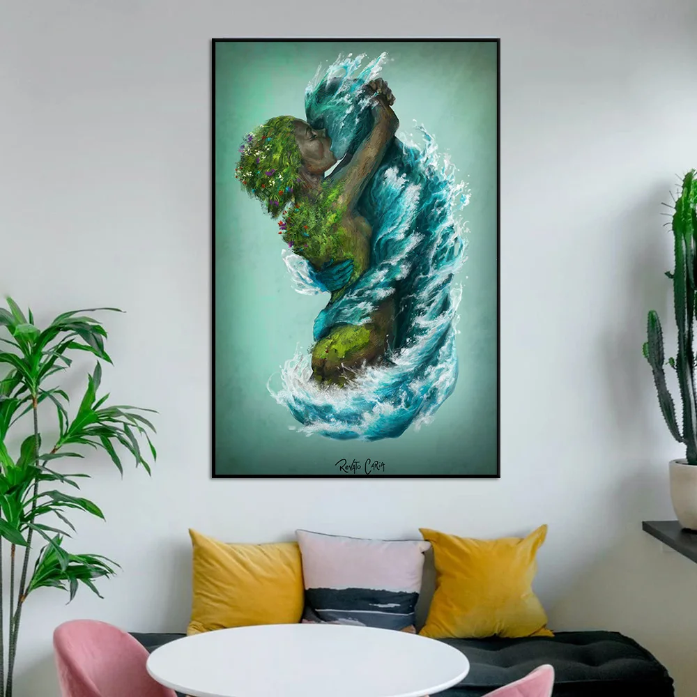 

Sea And Land Couple Kiss Wall Art Poster Abstract Surrealism Canvas Print Painting Fantasy Picture For Living Room Decor Cuadros