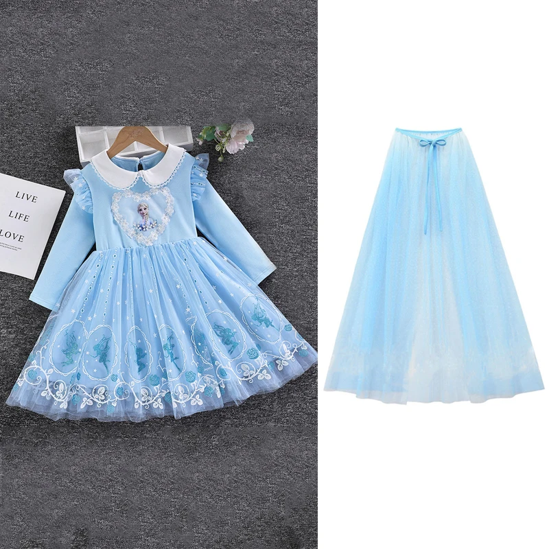 

Elsa Princess Dress And Cloak 2PC Baby Girl Dress Spring Autumn Party Long-sleeved For Children Frozen Dress Kids Clothes 2-8Y
