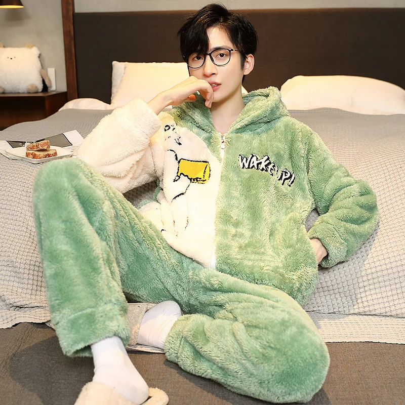 QUHENGCoral Fleece Man Pajamas Set Winter Warm Large Size Flannel Home Clothes Autumn Sleepwear Thick Warm Nightwear Homewear