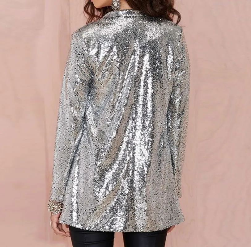 Black Buttonless Sequined Blazers Women Mid Length Solid Colors Suits 2023 Party Blazer Spring Autumn New Large Graduation