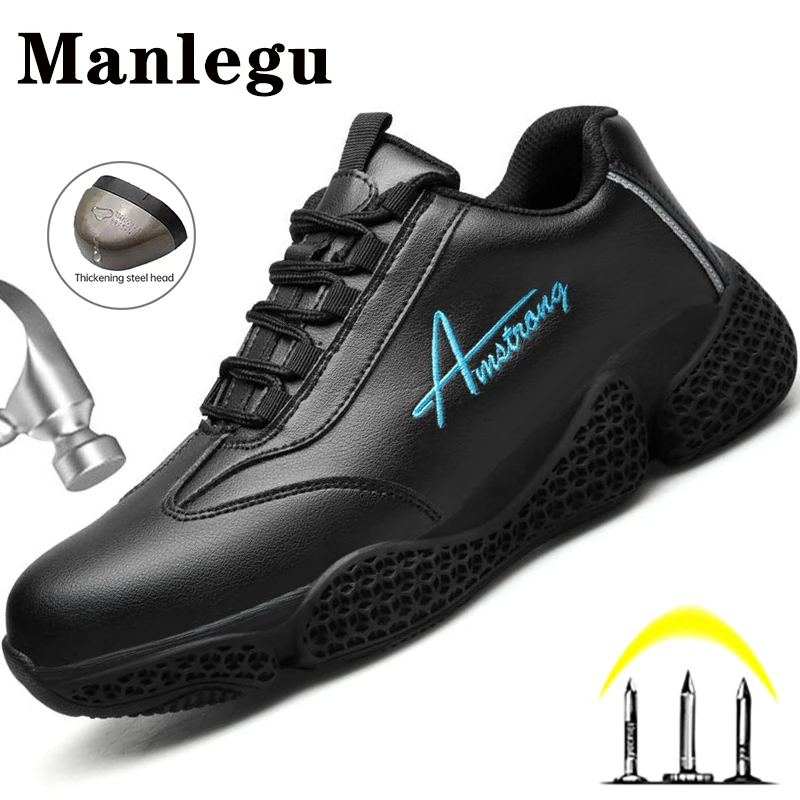 

PU Leather Work Sneakers Men Safety Shoes Male Anti-Puncture Black Work Shoes Steel Toe Safety Work Boots Industrial Footwear