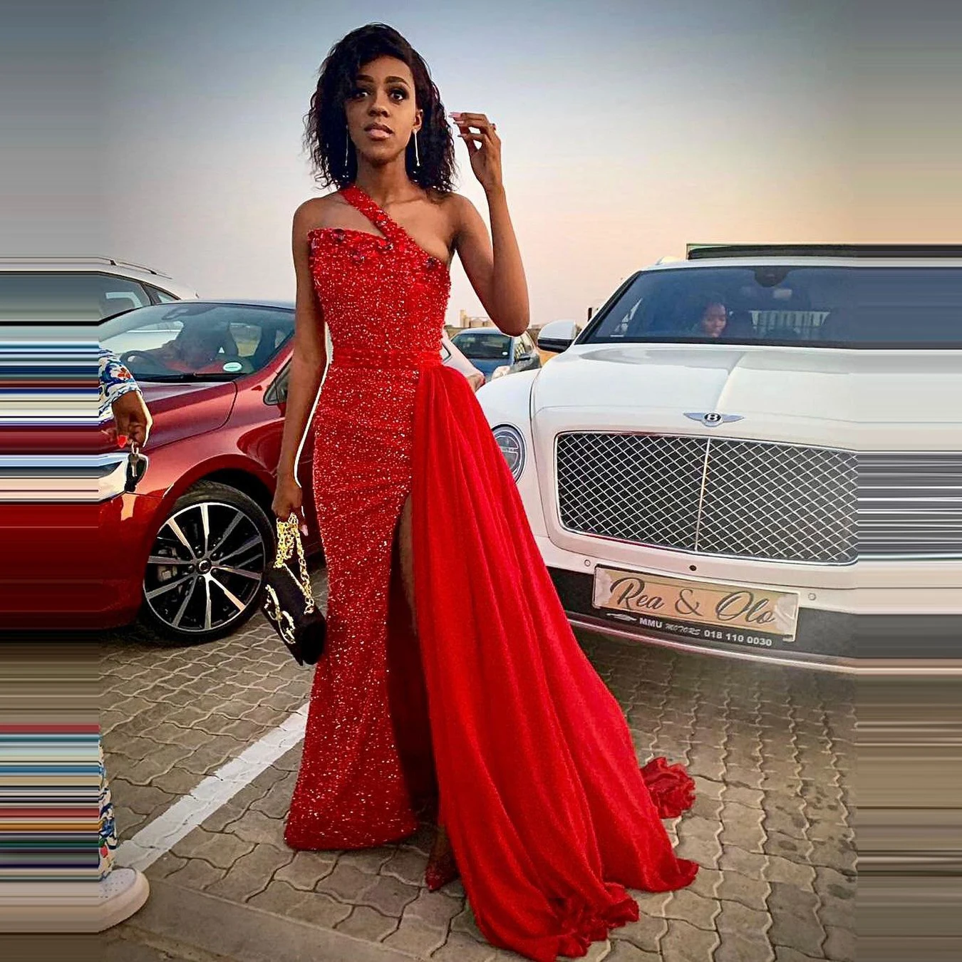 

Очаровательное красное платье-Русалка для выпускного вечера на одно плечо с юбкой с высоким разрезом женский длинный вечерний халат с блестками и бисером