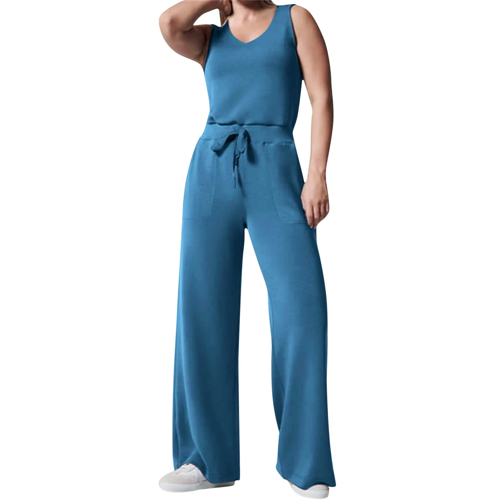 

2023 Jumpsuits for Women Elegance Casual Women's Sleeveless Solid Color Lace-up Trouser Jumpsuit Loose Wide Leg Overalls Outfits