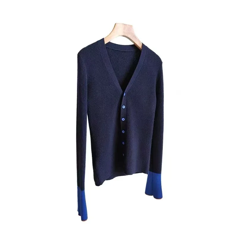 Осень-зима вязаный кардиган контрастного цвета женский свитер 2024 новый топ с