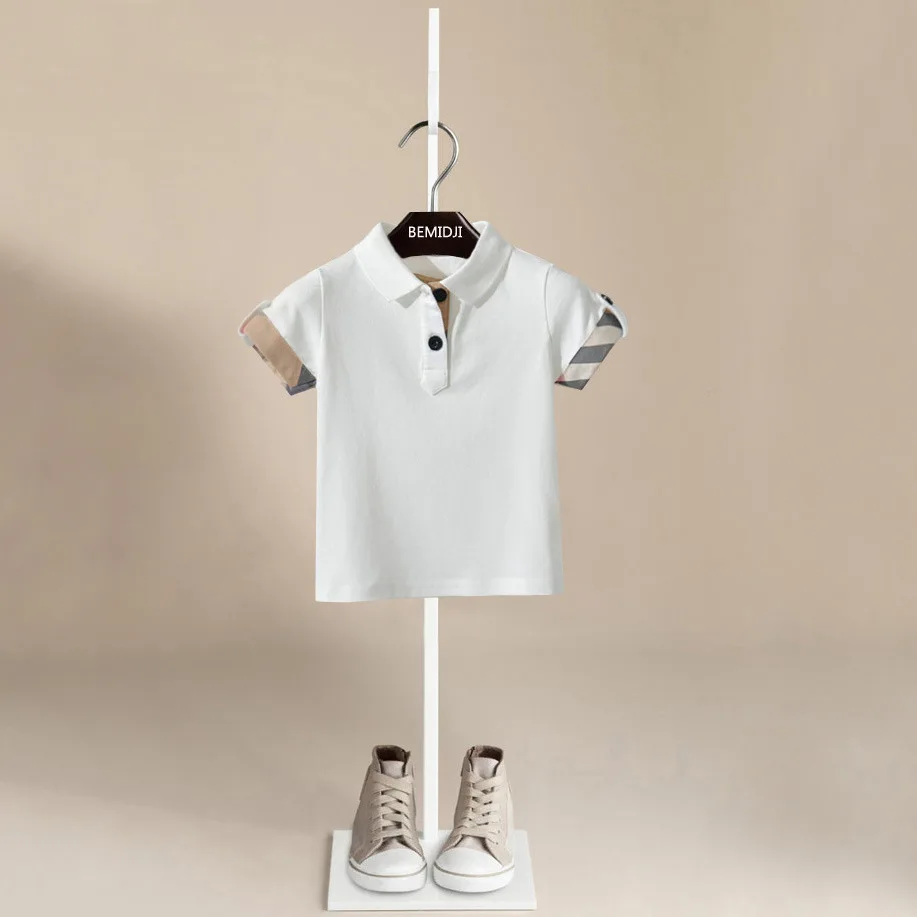 

Summer New Boys Girls Plaid Cotton Short Sleeve T-Shirt European and American Children's Casual Versatile Top Turndown Collar