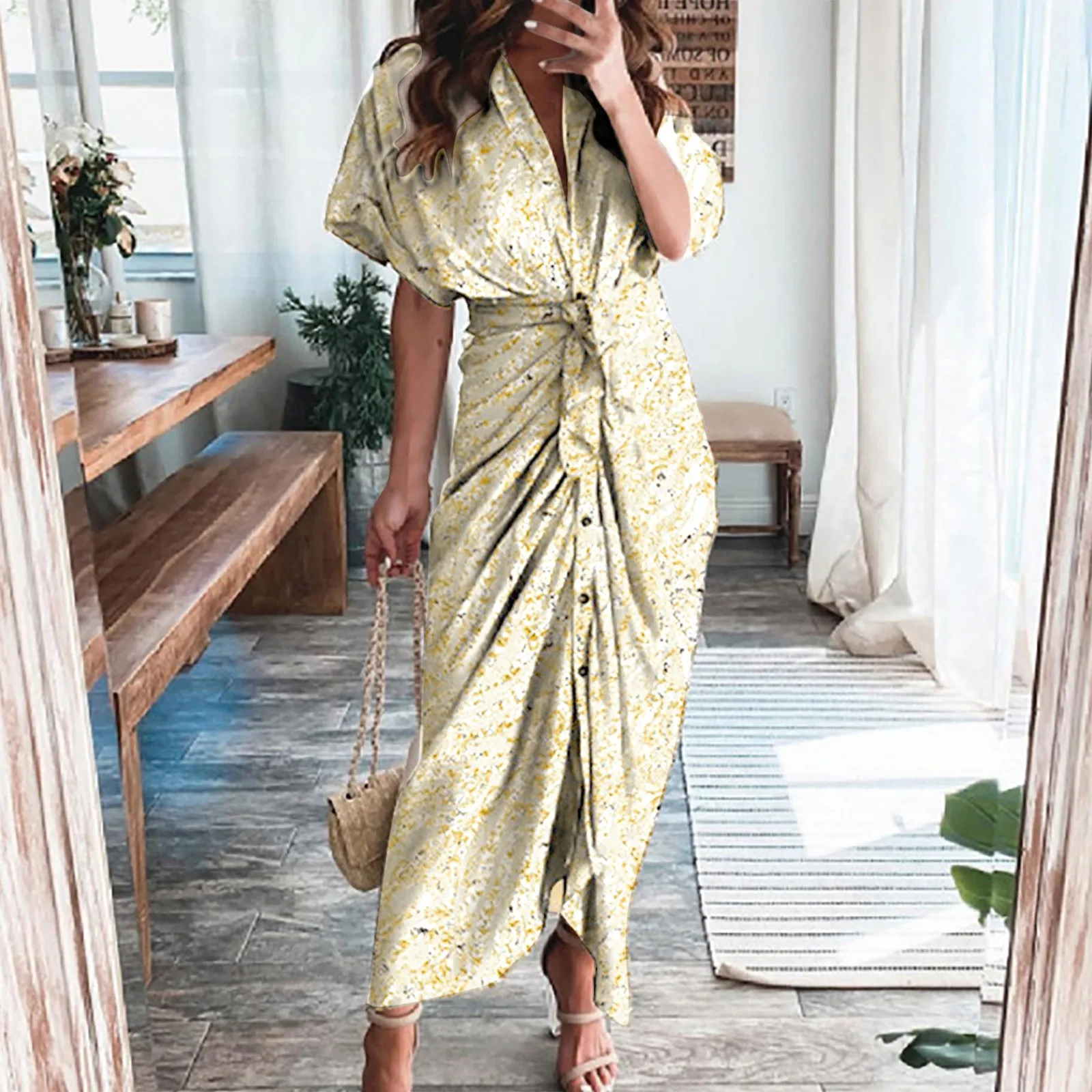 

Женское платье-рубашка с драпировкой, длинное платье в стиле ретро с коротким рукавом и пуговицами, платье для мам с коротким рукавом