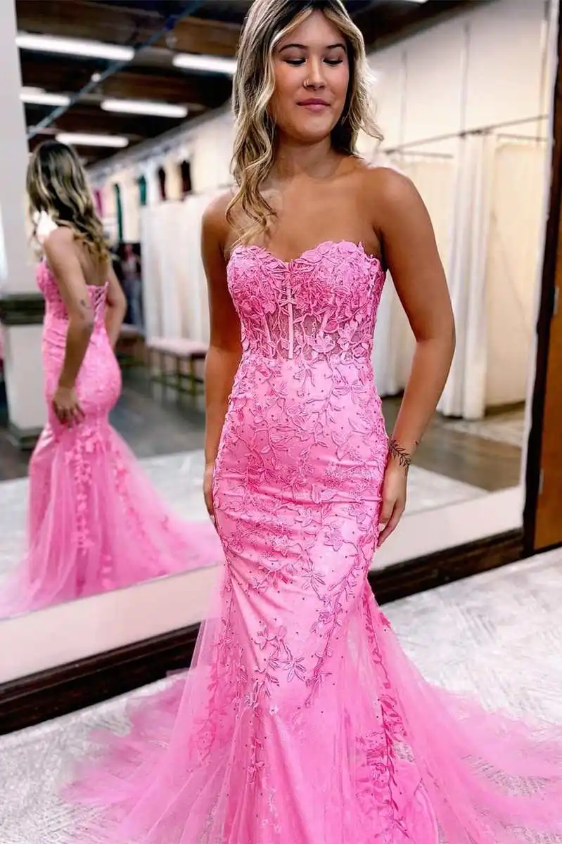 

Elegant Long Sweetheart Lace Pink Evening Dresses Mermaid Tulle Sweep Train Prom Dress Abendkleider for Women