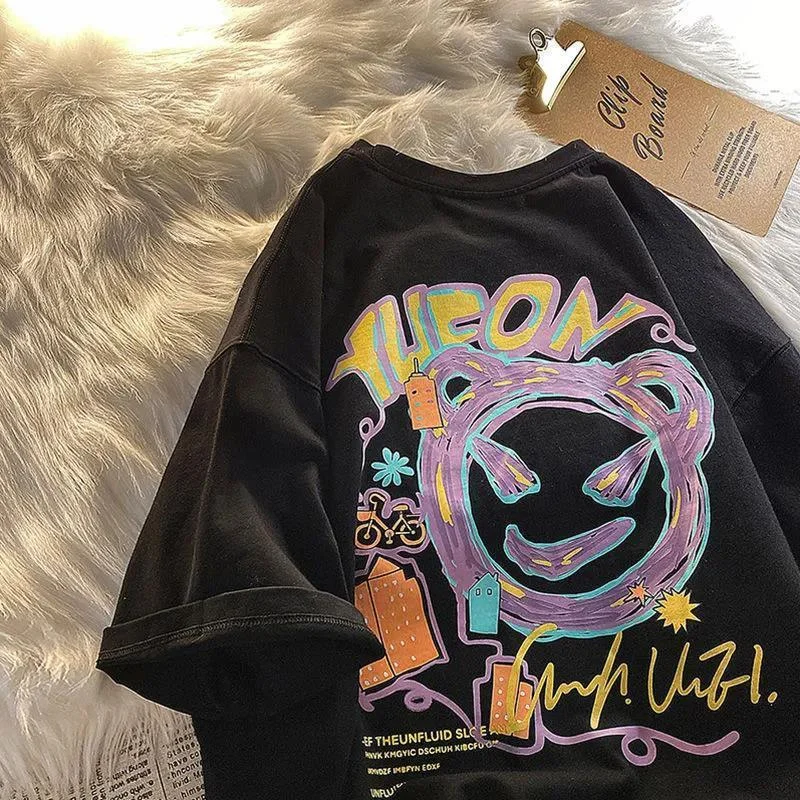 

Women T Shirt Short-Sleeved T-Shirt Female Graffiti Print Summer Casual Harajuku Style Oversized Loose Y2K T-Shirt Trendy Women