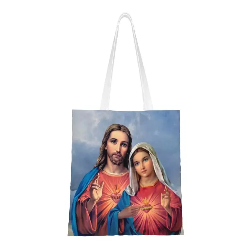 

Sacred And Immaculate Hearts Shopping Bag Canvas Shoulder Tote Bag Portable Catholic Jesus and Mary Groceries Shopper Bags