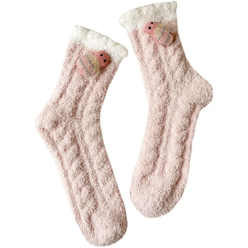 

Утолщенные бархатные носки кораллового цвета зимой милые носки для взрослых с трехмерными пчелами из мультфильмов японские домашние носки...