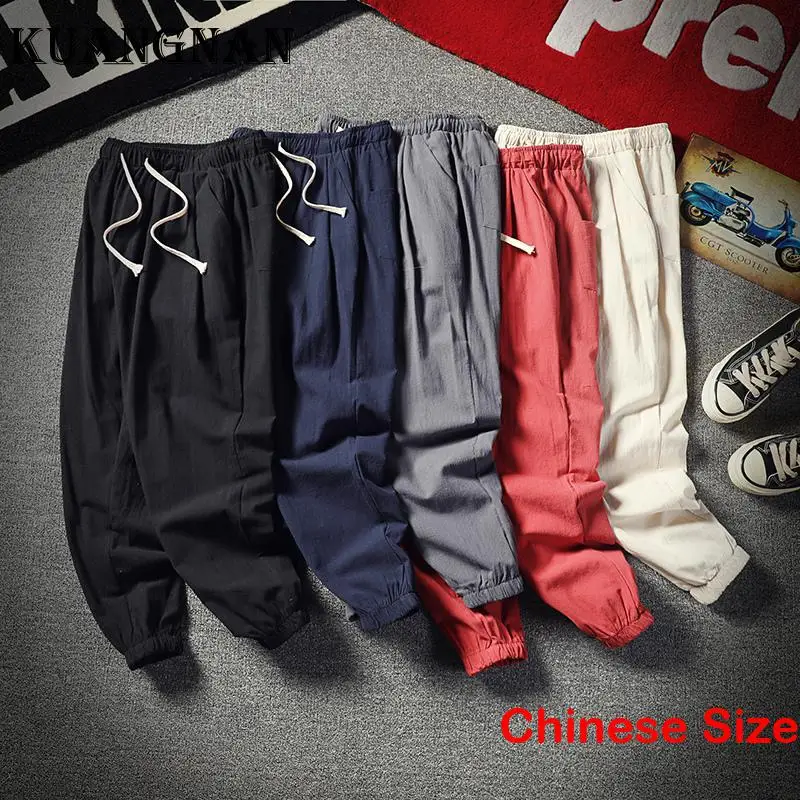 

KUANGNAN Cotton Linen Men Pants for Man Korean Clothing Male Clothes Men's Joggers Harajuku Sweatpants Sale 4XL 2023 Spring