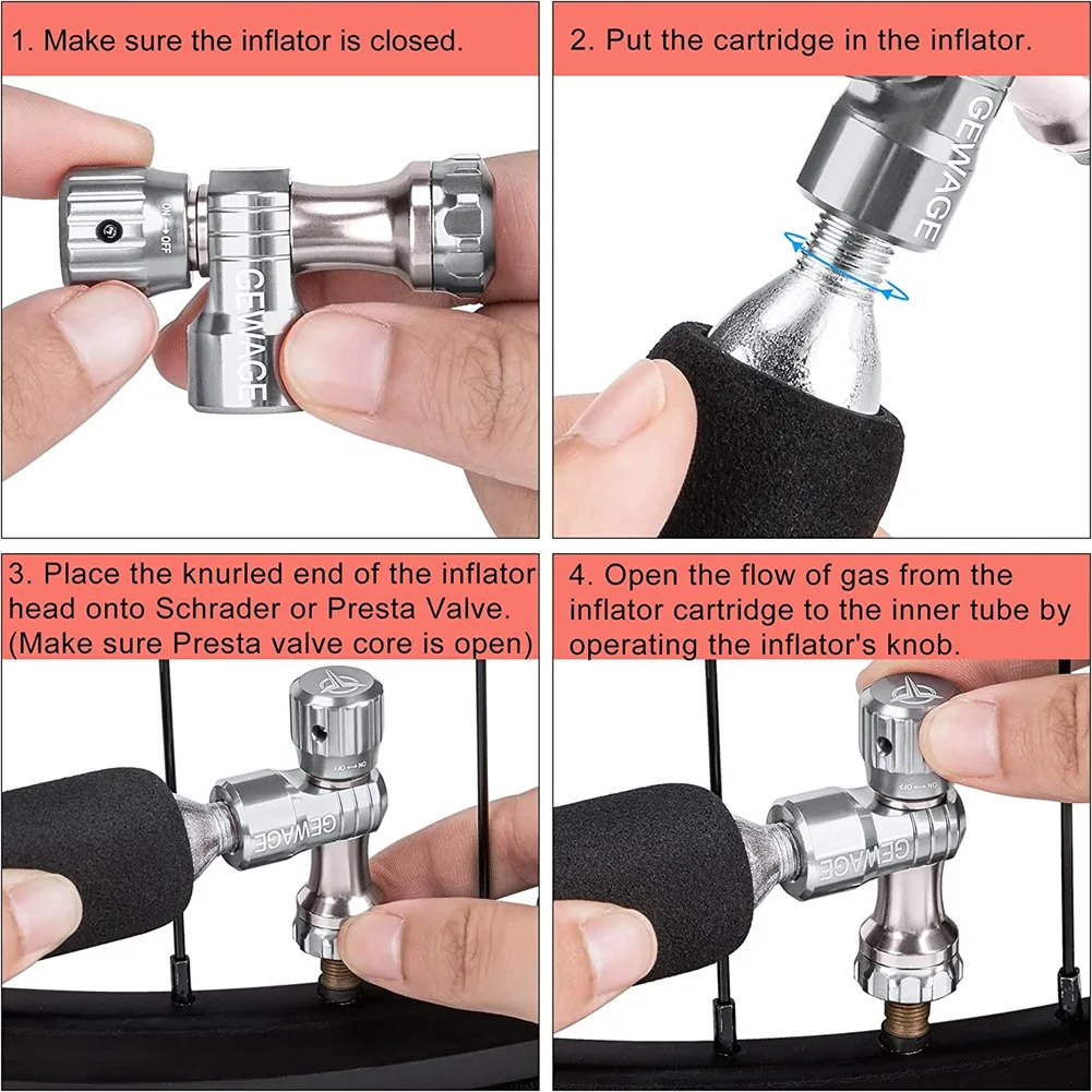 GEWAGE CO2 Inflator for Bike Tire -CO2 Pump Presta & Schrader Valve Compatible - Black