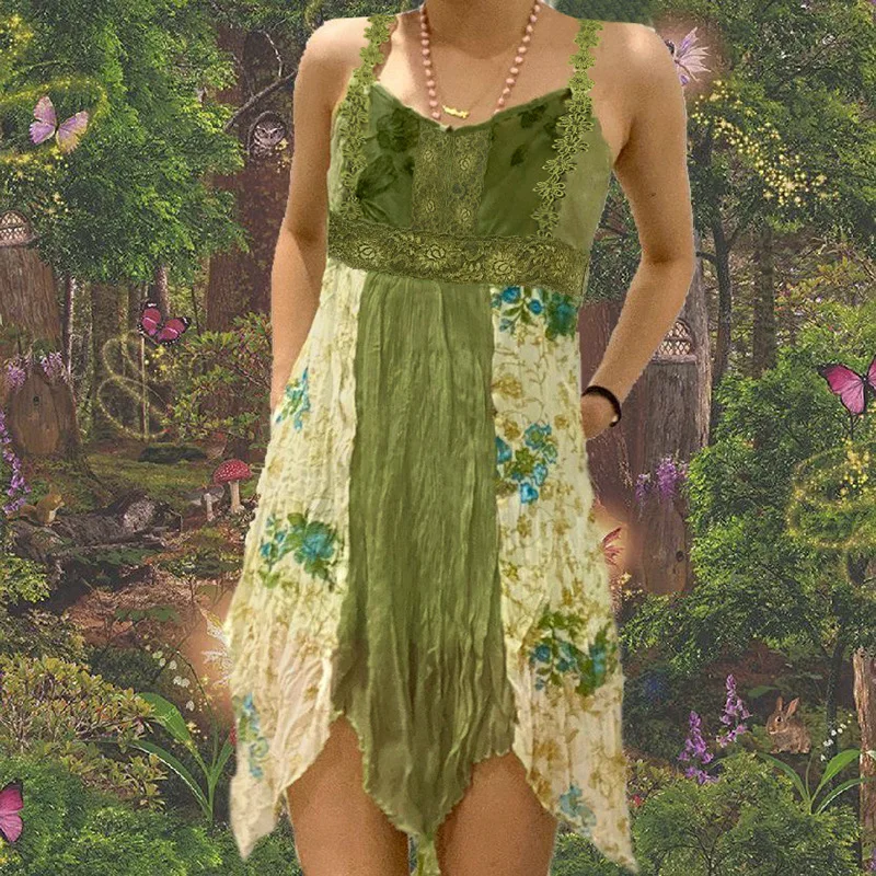 

Vintage Women Dress Sleeveless V-Neck Sling Shoulder Straps Patchwork Floral Printed Irregular Hem Streetwear Hot Sale S M L