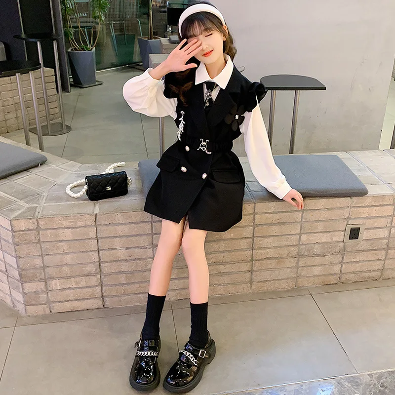 

Girls Clothing Set Spring Autumn Suits White Color Long Sleeve Shirt + Flying Sleeve Dress 2PCS Fashion Kids Outfits 8 10 12 14T