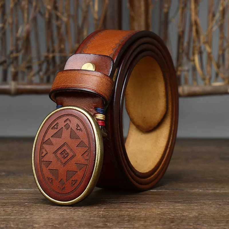 

3.8cm Width Genuine Leather Belts Men Retro Carving Copper Smooth Buckle Cowhide Business Belt Luxury Quality Male Waistband