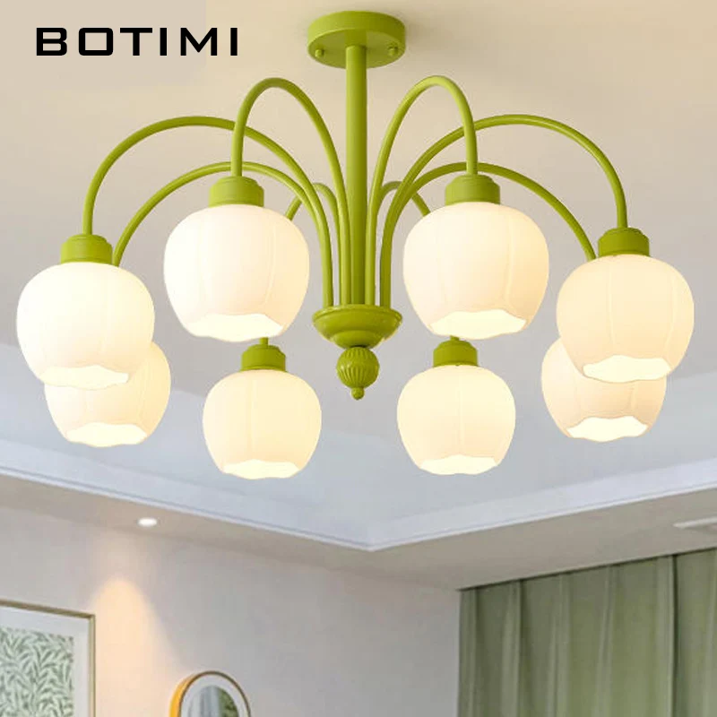 

BOTIMI Modern Chandelier With 8 White Glass Lampshades For Living Room Green Metal 4 Lustres Bedroom 6 Lights 5 Dining Lustre