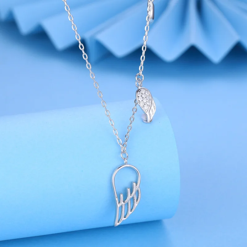 

New Women's 925 Sterling Silver Necklace Angel's Wing Water Drop Round Zircon Splice Collar Chain Fashion Jewelry Couple Gift