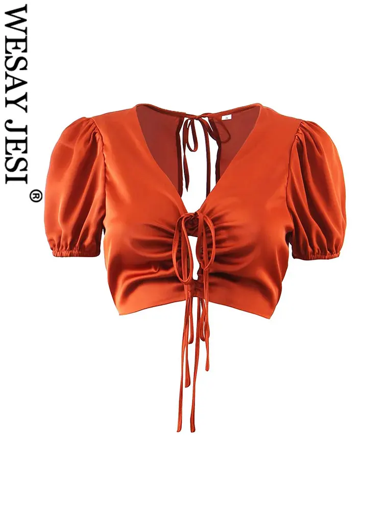

WESAY JESI Women Sexy Solid Top Puff Sleeves Fashion Hollow Lace-Up Drawstring Pleats Open Back Short V-Neck Vest Summer Wear