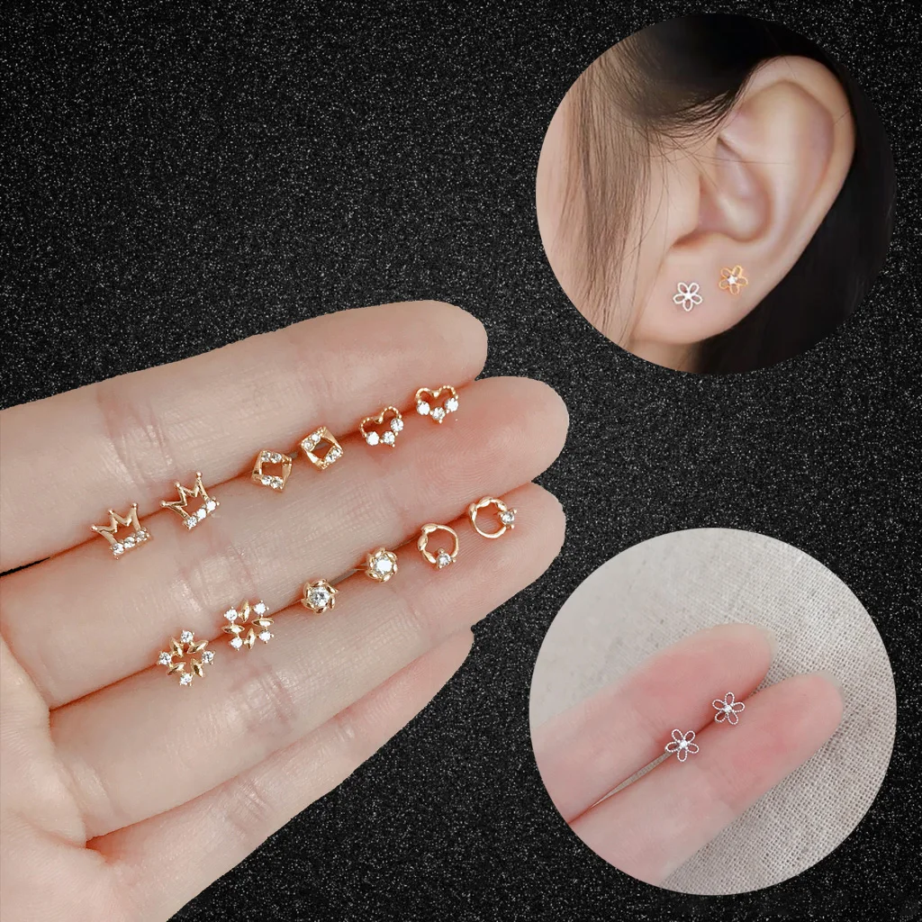 

Fashion Silver Plated Copper Mini Zircon Hollow Out Cartilage Piercing Stud Earring for Women SPiercing Earrings Jewelry 1 Pair