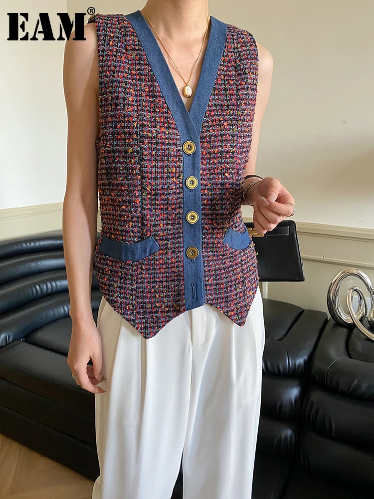 

[EAM] Women Loose Fit Purple Denim Color-block Tweed Elegant Vest New V-collar Sleeveless Fashion Spring Autumn 2023 1DF7500