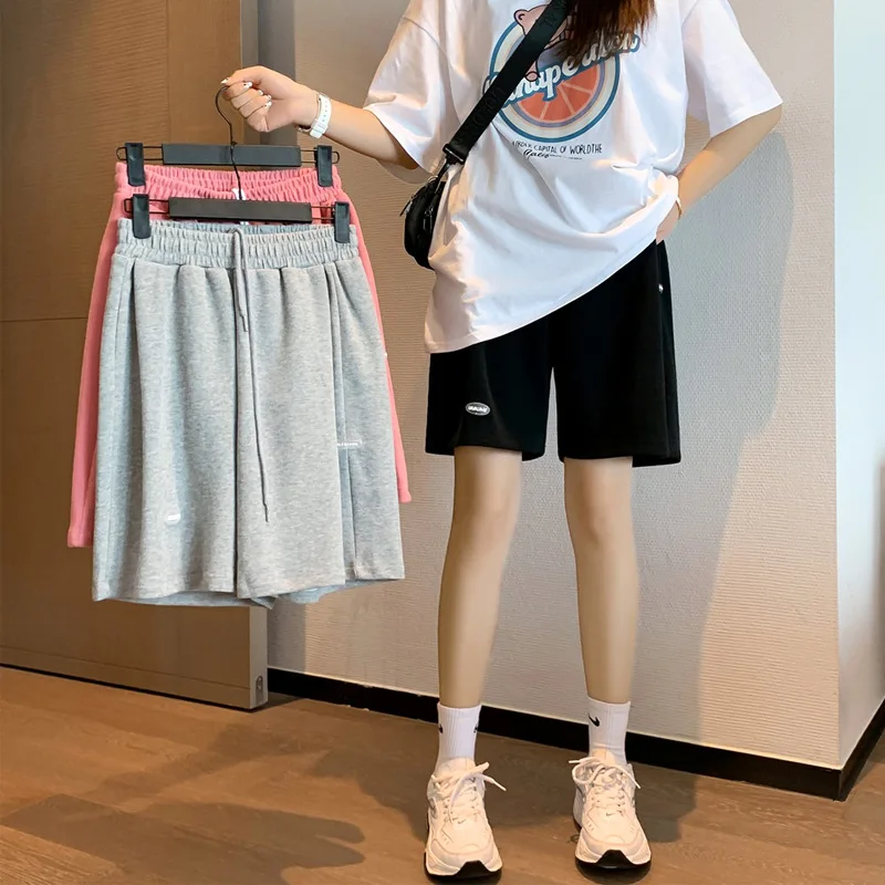 Women Shorts Summer High Waist Elastic Lace Up Drawstring Knee Length Pants Loose Wide Leg Running Sports Shorts Girl Bottoms