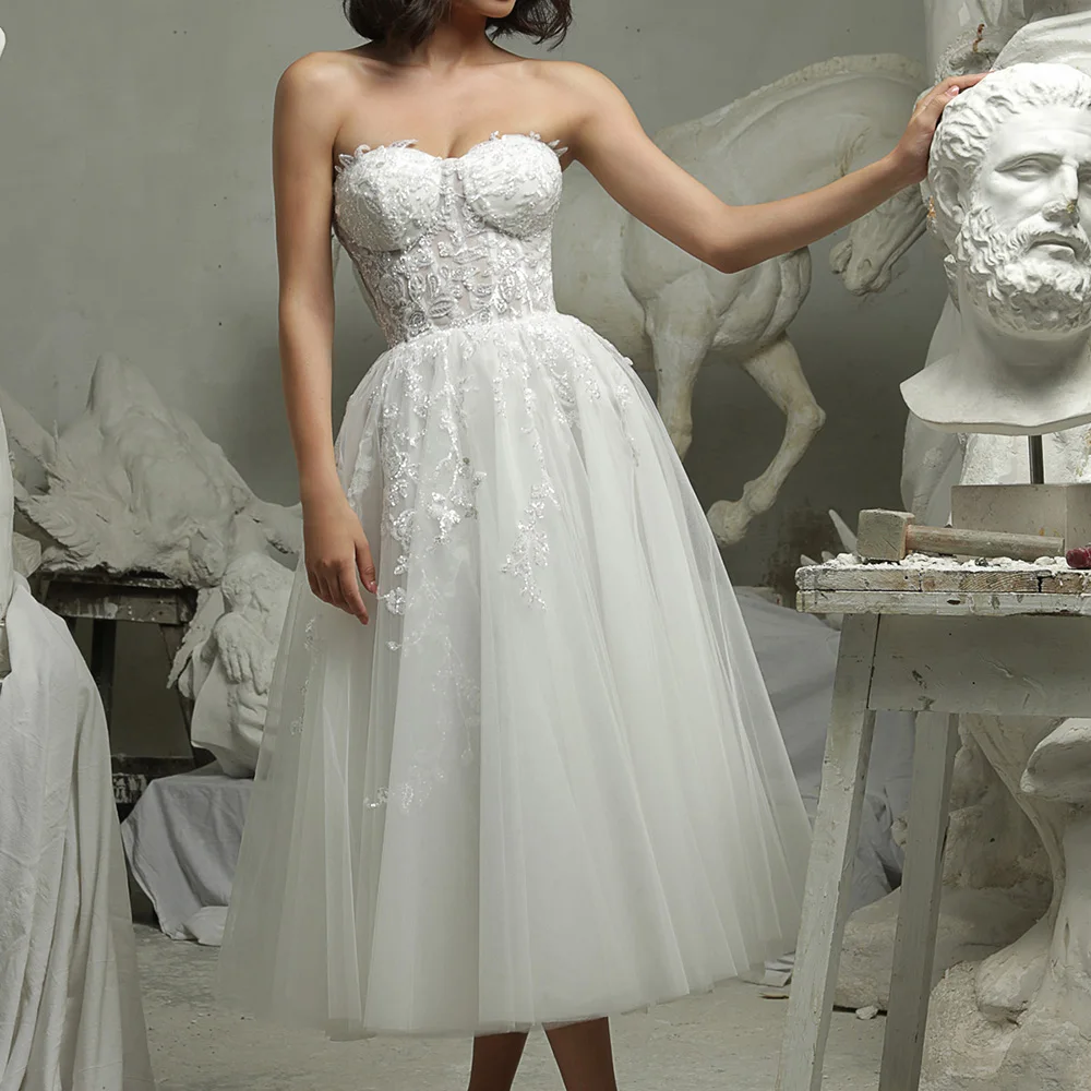 

UETEEY Elegant Tea-Length Wedding Dress Sweetheart Sleeveless A-Line Tulle Wedding Gowns Zipper Back 2022 Vestido De Noiva