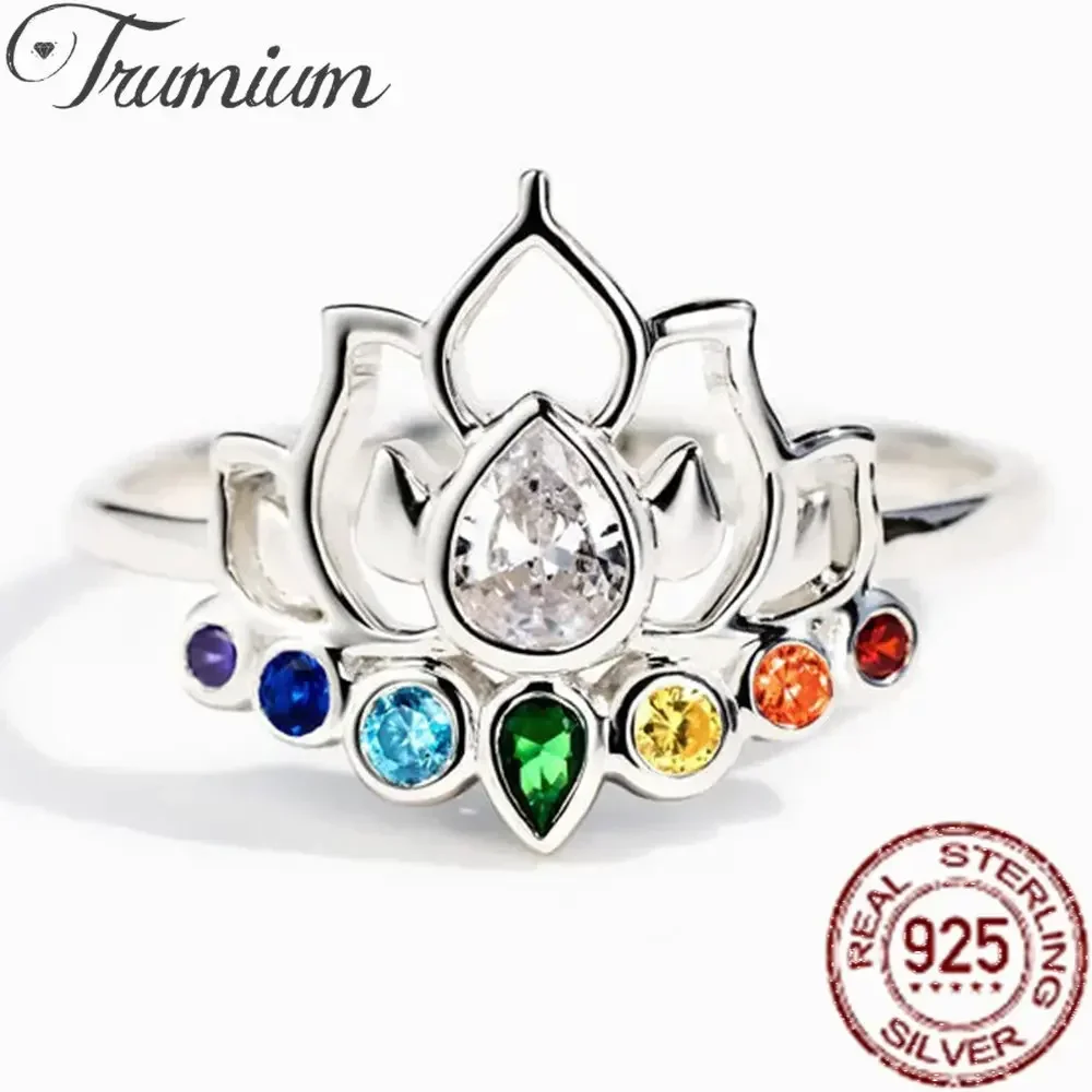 Trumium Real 925 Sterling Silver Lotus Flower Boho Rings for Women Simple Trendy Colorful Zircon Wedding Ring Fine Jewelry Gift