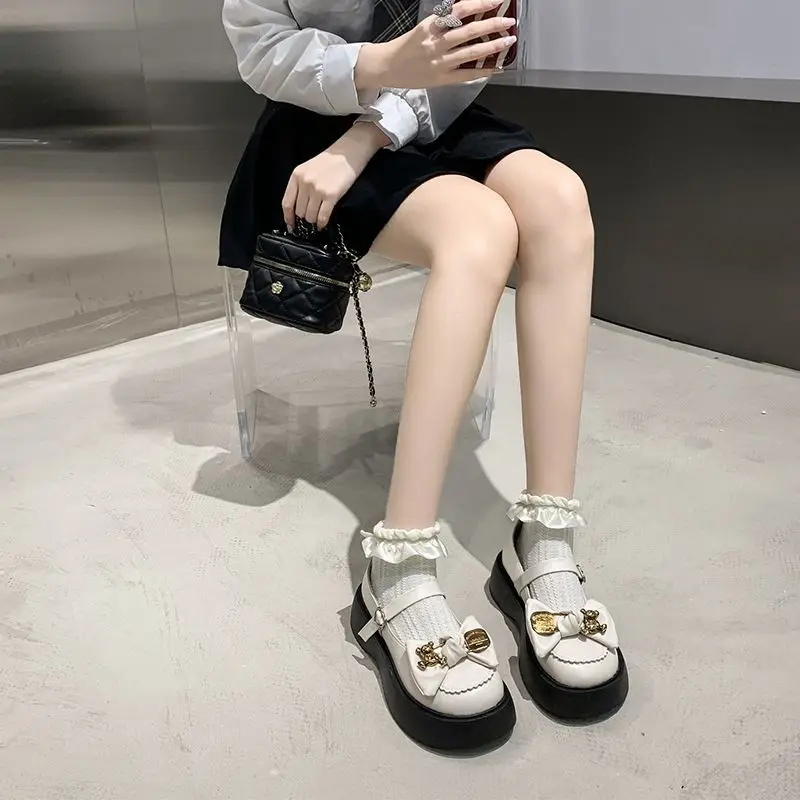 SHANPA Sweet Cool Mary Jane Leather Shoes Japanese Style for Women Thin Bow Shoes with Thick Soles In Spring and Summer 2023